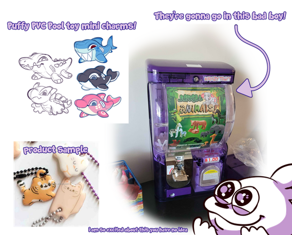 Puffy PVC pooltoy charms! Presented in Gacha Machine, these puppies will be 10 bucks a spin. Still in art phase, i will be putting these into production after Howloween.